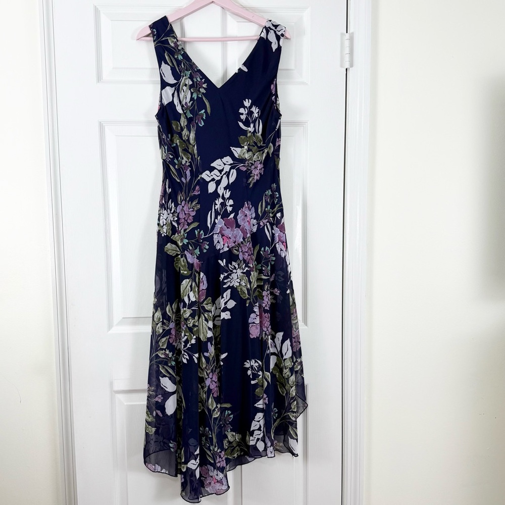 NEW Connected Apparel Navy Purple Floral V-Neck Midi Dress Size 12 - Picture 6 of 9